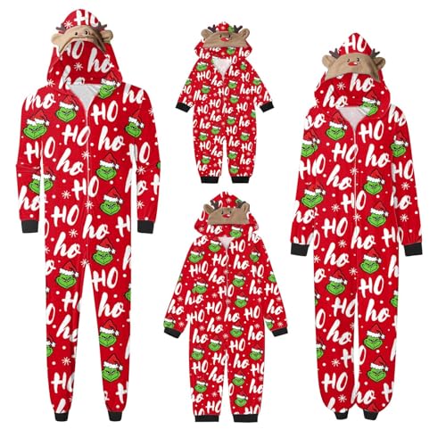 QWUVEDS Schlafanzug Weihnachten Grinch Pyjama Einteiler Pyjamas Sets für Familie, Niedlicher Weihnachts Einteiler Schlafanzüge mit Kapuze, Hausanzug Nachtwäsche für Damen Herren Kinder Baby 507 von QWUVEDS