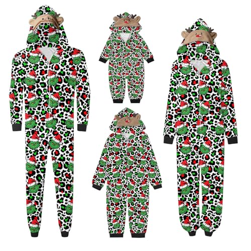 QWUVEDS Schlafanzug Weihnachten Grinch Pyjama Einteiler Pyjamas Sets für Familie, Niedlicher Weihnachts Einteiler Schlafanzüge mit Kapuze, Hausanzug Nachtwäsche für Damen Herren Kinder Baby 551 von QWUVEDS