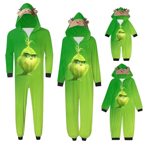 QWUVEDS Schlafanzug Weihnachten Grinch Pyjama Einteiler Pyjamas Sets für Familie, Niedlicher Weihnachts Einteiler Schlafanzüge mit Kapuze, Hausanzug Nachtwäsche für Damen Herren Kinder Baby 578 von QWUVEDS