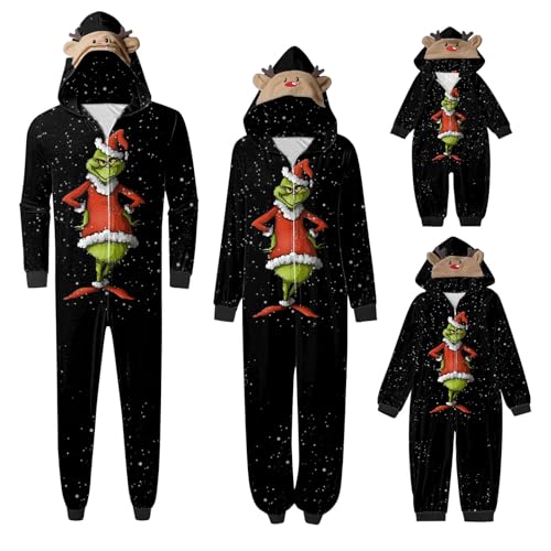 QWUVEDS Schlafanzug Weihnachten Grinch Pyjama Einteiler Pyjamas Sets für Familie, Niedlicher Weihnachts Einteiler Schlafanzüge mit Kapuze, Hausanzug Nachtwäsche für Damen Herren Kinder Baby 596 von QWUVEDS