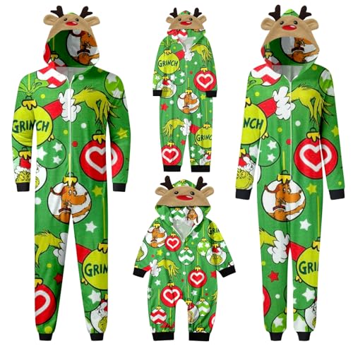 QWUVEDS Schlafanzug Weihnachten Grinch Pyjama Einteiler Pyjamas Sets für Familie, Niedlicher Weihnachts Einteiler Schlafanzüge mit Kapuze, Hausanzug Nachtwäsche für Damen Herren Kinder Baby 746 von QWUVEDS