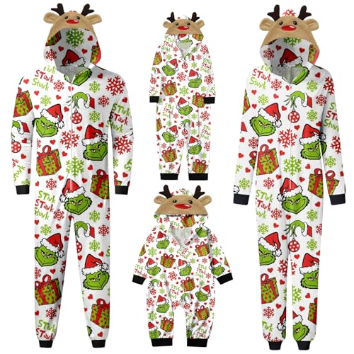 QWUVEDS Schlafanzug Weihnachten Grinch Pyjama Einteiler Pyjamas Sets für Familie, Niedlicher Weihnachts Einteiler Schlafanzüge mit Kapuze, Hausanzug Nachtwäsche für Damen Herren Kinder Baby 801 von QWUVEDS