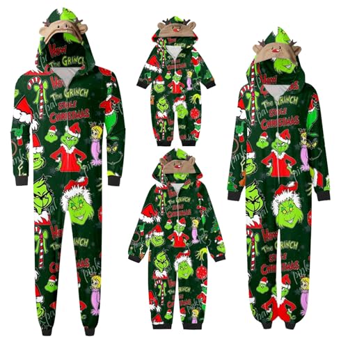 QWUVEDS Schlafanzug Weihnachten Grinch Pyjama Einteiler Pyjamas Sets für Familie, Niedlicher Weihnachts Einteiler Schlafanzüge mit Kapuze, Hausanzug Nachtwäsche für Damen Herren Kinder Baby 822 von QWUVEDS