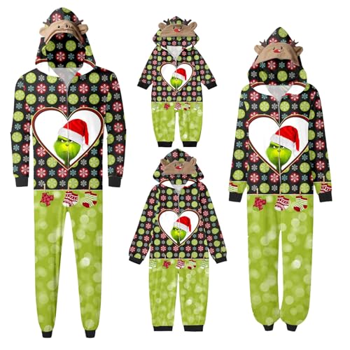 QWUVEDS Schlafanzug Weihnachten Grinch Pyjama Einteiler Pyjamas Sets für Familie, Niedlicher Weihnachts Einteiler Schlafanzüge mit Kapuze, Hausanzug Nachtwäsche für Damen Herren Kinder Baby 870 von QWUVEDS