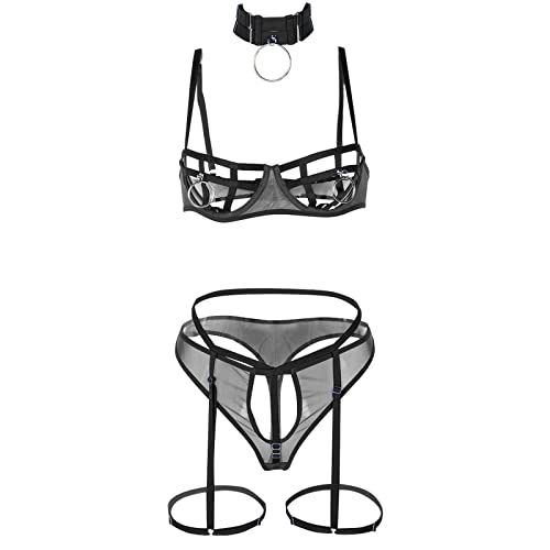 QWUVEDS Sexy vierteiliges Damen-Set mit Brustring, sexy Unterwäsche, handgefertigte Unterwäsche mit hängendem Hals, sexy Unterwäsche, BH und Panty-Set Busenfrei Dessous (Black, L) von QWUVEDS