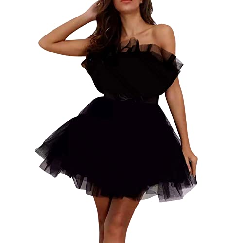 QWUVEDS Tüllkleid Damen Kurzes, geschwollenes Abschlussballkleid Trägerloses Netz Geburtstagsfeenkleider Rüschen Cocktailparty Poofy Gown Fotoshooting Herbstkleid Damen Elegant von QWUVEDS