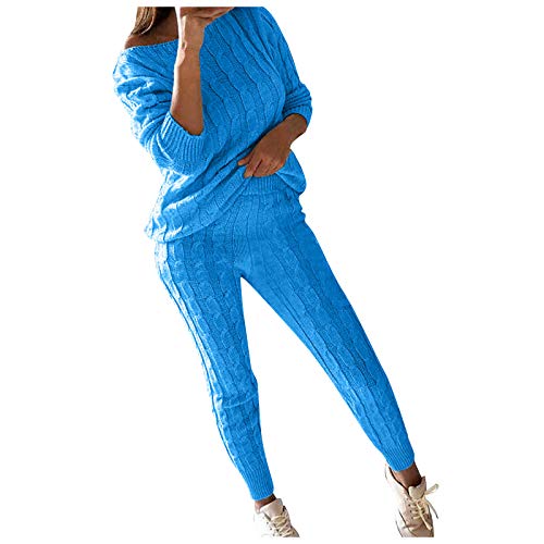 QWUVEDS Warme 2-teilige Loungewear-Anzugsets für Damen mit Rundhalsausschnitt, Zopfmuster, gestrickt Weißer Hosenanzug Damen (Dark Blue, M) von QWUVEDS