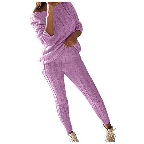 QWUVEDS Warme 2-teilige Loungewear-Anzugsets für Damen mit Rundhalsausschnitt, Zopfmuster, gestrickt Weißer Hosenanzug Damen (Pink, M) von QWUVEDS