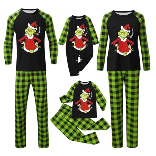 QWUVEDS Weihnachten Grinch Schlafanzug Familie Pyjama Set Pyjama Couple Weihnachtspyjama Familie Set Schlafanzug Lang Outfit Winter Damen Herren Kinder Nachtwäsche Nachthemd Hausanzug Schlafanzüge 104 von QWUVEDS