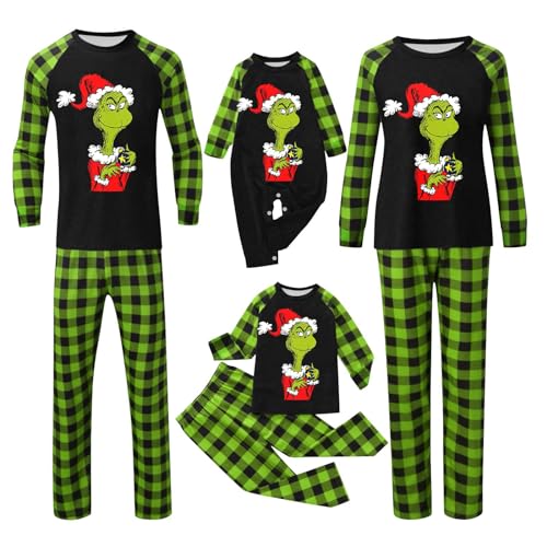 QWUVEDS Weihnachten Grinch Schlafanzug Familie Pyjama Set Pyjama Couple Weihnachtspyjama Familie Set Schlafanzug Lang Outfit Winter Damen Herren Kinder Nachtwäsche Nachthemd Hausanzug Schlafanzüge 155 von QWUVEDS