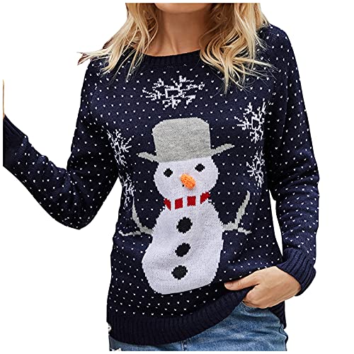 QWUVEDS Weihnachtsfrauen-Schneemann-Muster Rundhals-Streifen-Pullover Farbblock-Langarm-Strick-Lose-Pullover-Oberteile Janker Damen (Dark Blue, M) von QWUVEDS