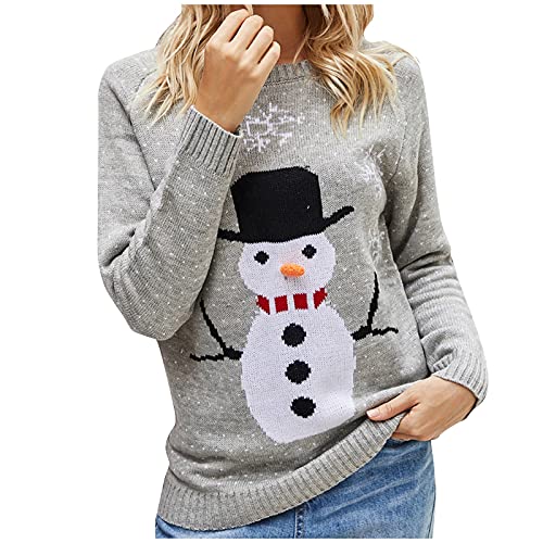 QWUVEDS Weihnachtsfrauen-Schneemann-Muster Rundhals-Streifen-Pullover Farbblock-Langarm-Strick-Lose-Pullover-Oberteile Janker Damen (Grey, L) von QWUVEDS