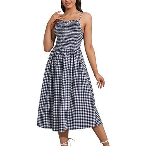 QWUVEDS Weißes Spitzenkleid Vintage-Kleid für Damen, Elegantes Midi-Kleid mit bedrucktem Riemen, Schnürung, Elegantes, Kariertes Hosenträgerkleid, lässiges Kleid mit großem Kleid Kleider Vintage von QWUVEDS