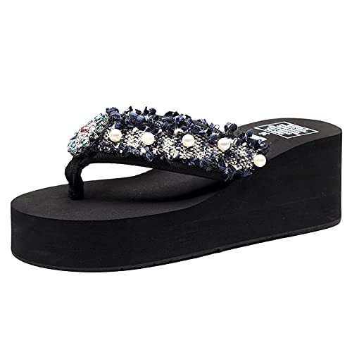 flip Flops Damen Glitzer Hausschuhe Damen Sommer Hausschuhe mädchen Mädchen Strand Blumen Sandalen Hausschuhe Bohemian Schuhe flip Frauen Keile Flops Stil Frauen-Pantoffel Mittelalter von QWUVEDS