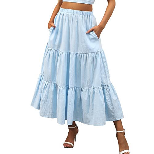 Rock Long Swing Damenkleid Boho Plissee Elastische Taille mit Taschen Fließender Sommer A-Linie Strand Stufenrock Röcke Nähbuch Schwarzer Prinzessinnen-Rock A-Linien-Rock Langer Rock für Frauen von QWUVEDS