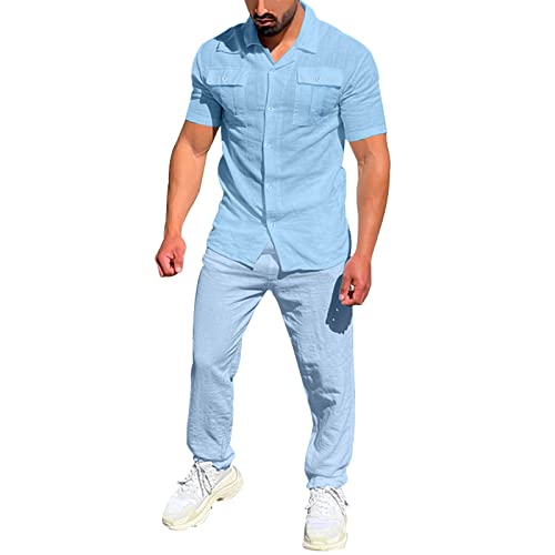 Sommer Sportanzug Herrenanzug im Frühling und Sommer, einfarbig, mit Taschen, zweiteilig, kurzärmelig, Hemd, Slub-Hose Sommeranzug Herren 2-teilig Kurzarm T-Shirt und Lange Set von QWUVEDS