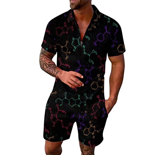 Sommeranzug Für Herren Fag Fashion Leisure Seaside Beach Holiday 3D-Digitaldruck Reißverschluss Kurzarmhemd Shorts Zweiteiler Fleece Tech Sommer Jogginganzug für Herren Mit Knopfleiste (Black, XL) von QWUVEDS