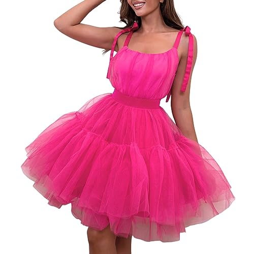 Tüllkleid Damen Kurzes, geschwollenes Abschlussballkleid Trägerloses Netz Geburtstagsfeenkleider Rüschen Cocktailparty Poofy Gown Fotoshooting Kleid Damen Elegant Sexy Sommerkleid (0928A-Hot Pink, L) von QWUVEDS