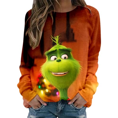 grinch kostüm damen Weihnachten Grinches Sweatshirt, Kreativer Weihnachts Pullover Langarm Frauen Sweatshirt Weihnachten Hoodie Neuheit Damen Rundhalsausschnitt Lässig Herbst Pullover Mode Locker 697 von QWUVEDS