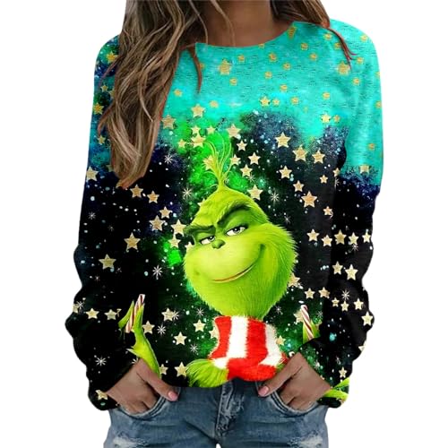 grinch kostüm damen Weihnachten Grinches Sweatshirt, Kreativer Weihnachts Pullover Langarm Frauen Sweatshirt Weihnachten Hoodie Neuheit Damen Rundhalsausschnitt Lässig Herbst Pullover Mode Locker 718 von QWUVEDS