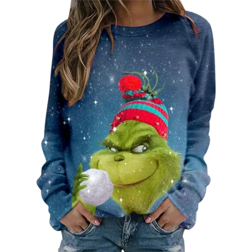 grinch kostüm damen Weihnachten Grinches Sweatshirt, Kreativer Weihnachts Pullover Langarm Frauen Sweatshirt Weihnachten Hoodie Neuheit Damen Rundhalsausschnitt Lässig Herbst Pullover Mode Locker 709 von QWUVEDS