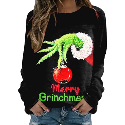 QWUVEDS grinch kostüm damen Grinches Sweatshirt,Kreativer Weihnachts Pullover Langarm Frauen Sweatshirt Hoodie Neuheit Damen Rundhalsausschnitt Lässig Herbst Pullover Mode Locker 672 von QWUVEDS