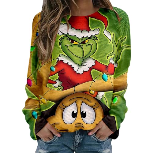 grinch kostüm damen Weihnachten Grinches Sweatshirt, Kreativer Weihnachts Pullover Langarm Frauen Sweatshirt Weihnachten Hoodie Neuheit Damen Rundhalsausschnitt Lässig Herbst Pullover Mode Locker 712 von QWUVEDS