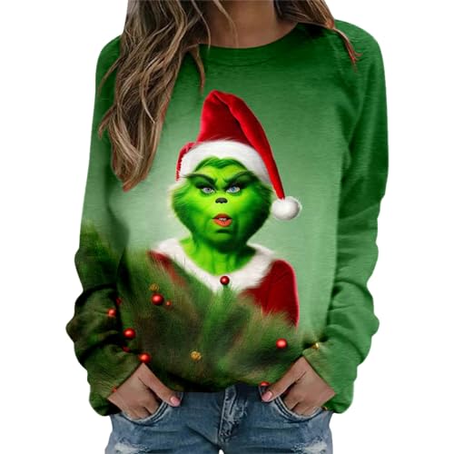 grinch kostüm damen Weihnachten Grinches Sweatshirt, Kreativer Weihnachts Pullover Langarm Frauen Sweatshirt Weihnachten Hoodie Neuheit Damen Rundhalsausschnitt Lässig Herbst Pullover Mode Locker 690 von QWUVEDS