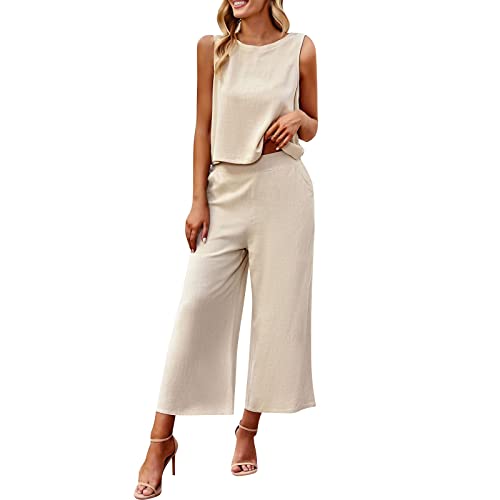 hosenrock hosen damen hose damen sommer 3/4 hose damen sommer Damen-Hosenanzug, groß, einfarbig, ärmellos, Baumwolle, lässig, langärmlig, lockerer Baumwollanzug Freizeit Anzug Set Damen (Beige, S) von QWUVEDS