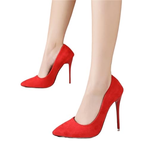 Hochzeit Schuhe Damen 12cm High Heels Wildleder Weibliche Spitzen Dünne Ferse Flachen Mund Version Rosa Einzelnen Schuhe Große Größe(Red,34) von QWWQYDY