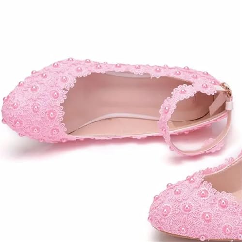 Hochzeit Schuhe Damen Mode Weibliche Hochzeit Schuhe Brautjungfer Bankett Weiß Spitze Blume Perle Runde Kappe Platz High Heels(Pink,41) von QWWQYDY
