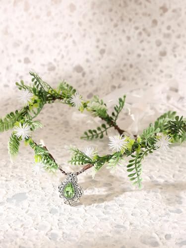 Kopfschmuck Elfen Waldfeen-Elfen-Kronen-Stirnband, grün, V-Form, Blumenkranz, Hochzeit, Braut-Kopfbedeckung mit Edelstein-Anhänger for Frauen und Mädchen(FC1525GREEN) von QWWQYDY