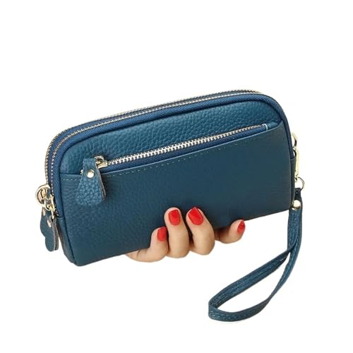 QWWQYDY Brieftasche Damen Echtes Leder Damen Reißverschluss Geldbörse Clutch Rindsleder Armband Tasche(Blue) von QWWQYDY