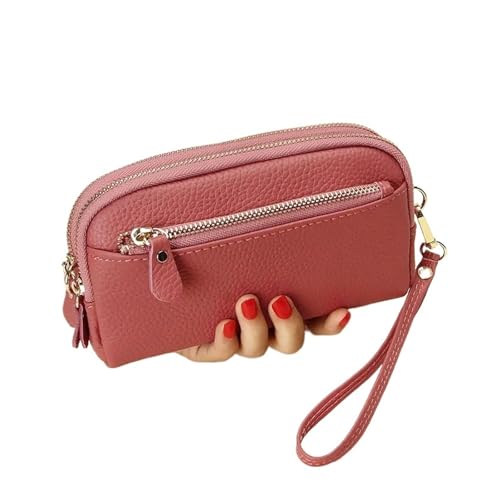 QWWQYDY Brieftasche Damen Echtes Leder Damen Reißverschluss Geldbörse Clutch Rindsleder Armband Tasche(Light Red) von QWWQYDY