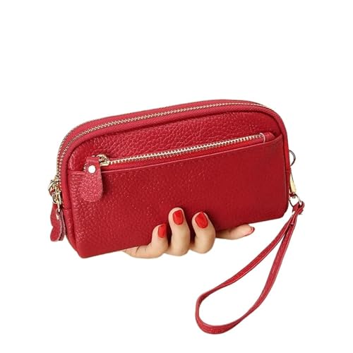 QWWQYDY Brieftasche Damen Echtes Leder Damen Reißverschluss Geldbörse Clutch Rindsleder Armband Tasche(Red) von QWWQYDY
