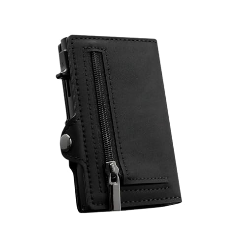 QWWQYDY Brieftasche Damen Minimalistische UP-Geldbörse aus Leder mit Blockierung, automatischer Mini-Kartenhalter(Black with Zipper) von QWWQYDY