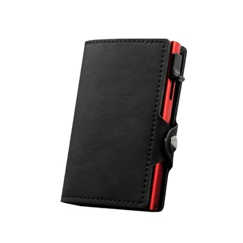 QWWQYDY Brieftasche Damen Minimalistische UP-Geldbörse aus Leder mit Blockierung, automatischer Mini-Kartenhalter(BlackRed no Zipper) von QWWQYDY