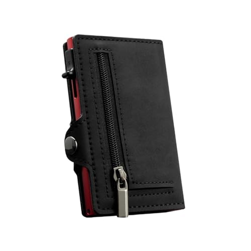 QWWQYDY Brieftasche Damen Minimalistische UP-Geldbörse aus Leder mit Blockierung, automatischer Mini-Kartenhalter(BlackRed with Zipper) von QWWQYDY