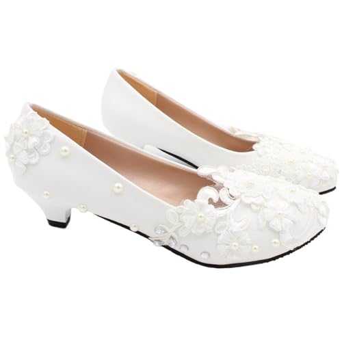 QWWQYDY Hochzeit Schuhe Damen Spitze Strass Verziert Low-Heel Brautschuhe Weiße Brautschuhe Große Größe Brautjungfer Schuhe(40) von QWWQYDY