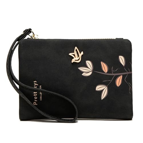 QWWQYDY Portemonnaie Damen Mode Frische Blume Kleine Brieftasche Frauen Weiche Leder Damen Geldbörsen Kurze Weibliche Brieftasche Mädchen Mit Armband(Black) von QWWQYDY