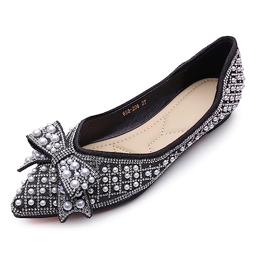 QXCGDYXT Damen Strass Flats Spitz Zehe Niedriger Absatz Hochzeitsschuhe Bequeme Frauen Kleid Schuhe, Schwarz, 37.5 EU von QXCGDYXT