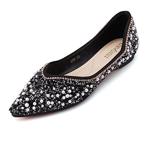 Damen Strass flache Mode Spitze Zehen Perle Diamant Niedriger Absatz Kleid Hochzeit Wohnungen Arbeit Business Tanz Ballerinas Frauen Schuhe, schwarz, 37 EU von QXCXINGDY