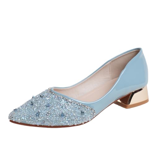 QXCXINGDY Damen Hochzeit Pumps Strass Pailletten Chunky Low Block Heels Pumps Kleid Abendschuhe für Frauen Braut, Blau, 37.5 EU von QXCXINGDY