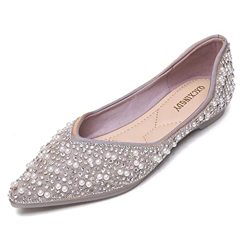 QXCXINGDY Damen Spitz Zehe Flache Schuhe Perle Strass Hochzeitsschuhe Slip on Bequeme Freizeitschuhe Mode Pailletten Ballett Flache Schuhe, violett, 38.5 EU von QXCXINGDY