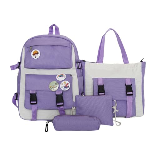 QXIRLOXWG Modischer zweifarbiger Schülerrucksack, großes Fassungsvermögen, vierteiliges Set für Mittel- und Grundschule, inklusive Federmäppchen, Tragetasche, Schultertasche und Rucksack, violett, L von QXIRLOXWG