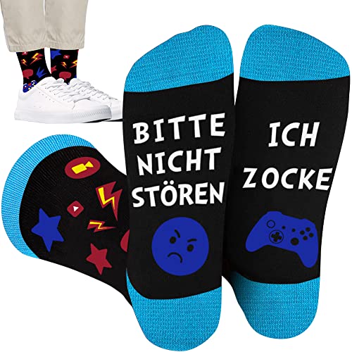 Gaming Socken, Zocker mit Spruch auf sohle Bitte Nicht Stören Ich Zocke, Coole Gamer Lustige Geschenke für Männer zum Geburtstag Weihnachten Herren 43-46 Teenager Jungen 39-42 (Baumwolle, blue) von QXRXN