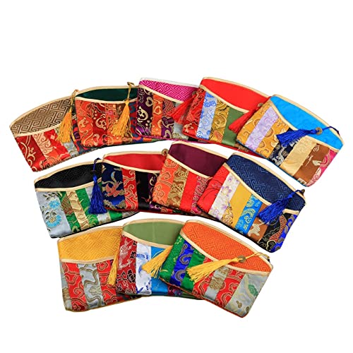 QXSJEDYCH 10 Stück Patchwork Damen Universalbeutel Aufbewahrungstasche Chinesische Seide Brokat Tasche Münze Geldbörse Reise Tragbare Schmuck Verpackung Taschen, Verschiedene Farben, Einheitsgröße von QXSJEDYCH