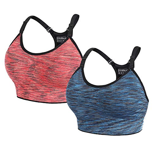 2 Stücke Damen Sport BH Starker Halt Push Up Gepolstert BHS Bustier Ohne Bügel Verstellbare Träger Sports Bra Top für Laufen Gym Yoga Fitness (Blau Orange, M) von QXURkut