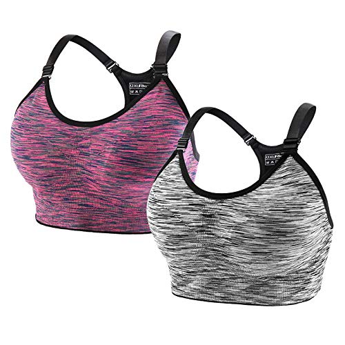 2 Stücke Damen Sport BH Starker Halt Push Up Gepolstert BHS Bustier Ohne Bügel Verstellbare Träger Sports Bra Top für Laufen Gym Yoga Fitness (Schwarz Violett, L) von QXURkut