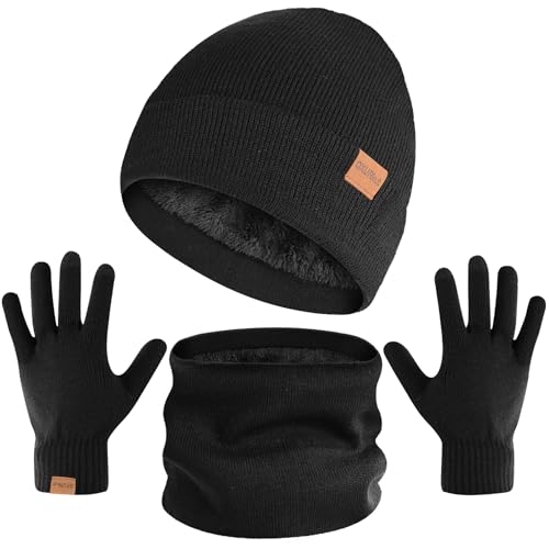 QXURkut Winter Beanie Mütze Schal Handschuhe Set für Damen und Herren, Warm Strickmütze Fleece Gefütterte Loop Schlauchschal Touchscreen Handschuhe (Schwarz) von QXURkut
